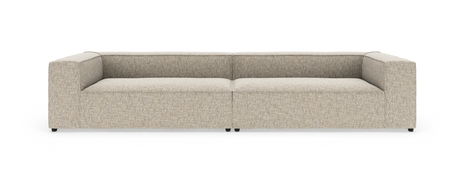 Beige modulsoffa med breda armstöd, låg profil och två sittkuddar, sedd framifrån.