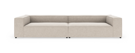 Beige modulsoffa med raka linjer, tvåsits, sedd framifrån på vit bakgrund.