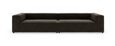 Mörkbrun modulsoffa i modern, lågryggad design sedd rakt framifrån på vit bakgrund.