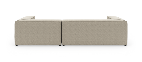 Beige modulsoffa i tyg sedd rakt bakifrån, två sektioner placerade sida vid sida.