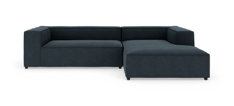 Mörkblå, L-formad modulsoffa med schäslong till höger i modern, minimalistisk stil.