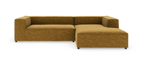 L‑formad modulsoffa i senapsgul textil på vit bakgrund.