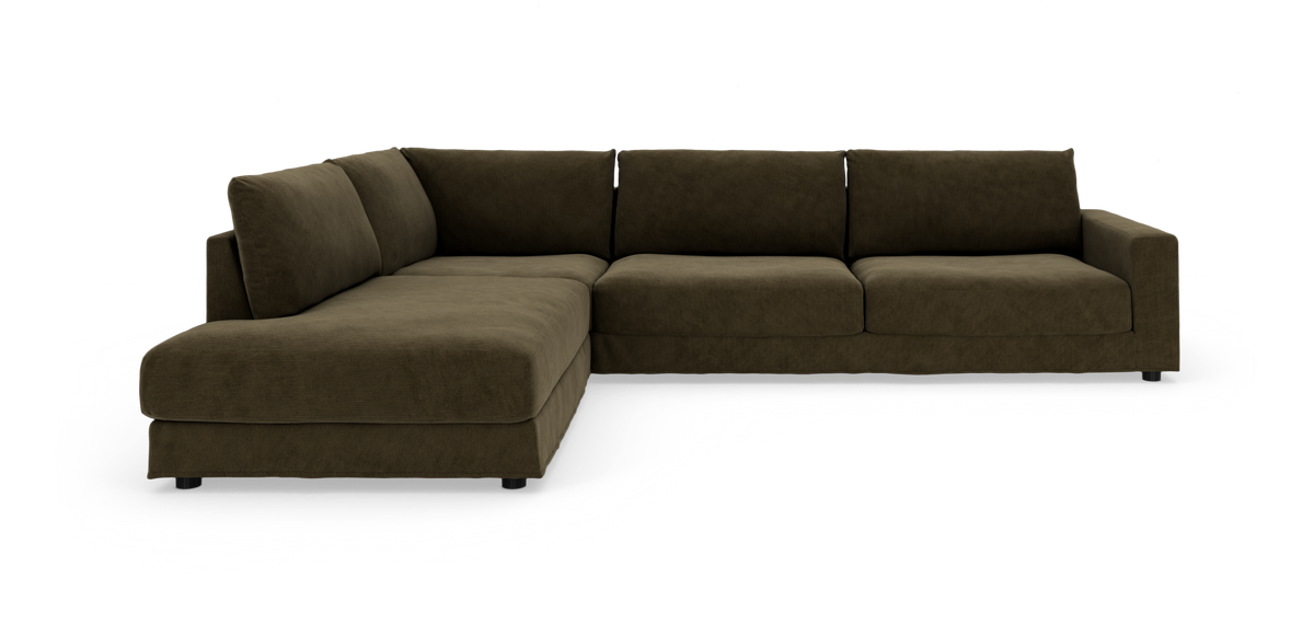 Mörkbrun L‑soffa med vänsterställd chaiselong, modern och enkel design mot vit bakgrund.