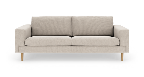 Beige soffa med två sittdynor och två ryggkuddar, tygklädsel och ljusa träben, sedd rakt framifrån.