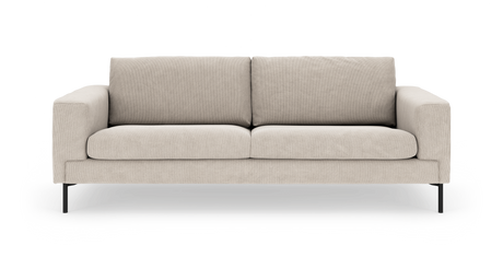 Beige, modern 3‑sitssoffa med raka armstöd och svarta metallben, frontvy.