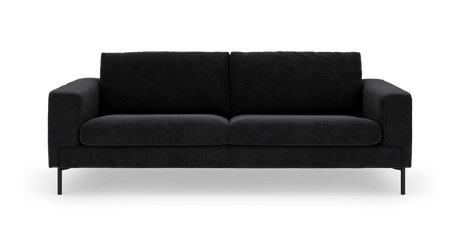 Svart 3-sits soffa i tyg, frontvy, frilagd på vit bakgrund.