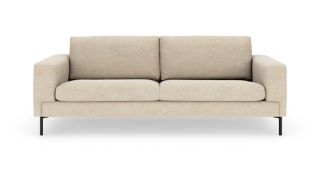 Beige tvåsits soffa med raka armstöd och smala svarta ben, produktbild mot vit bakgrund.