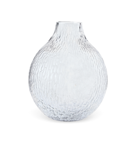 Rund, vitstrukturerad glasvas med smal öppning, frilagd mot vit bakgrund.