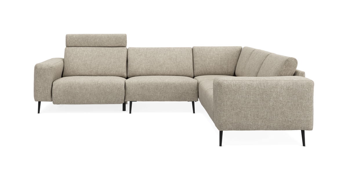 Beige L‑formad modulsoffa med högers chäslong och justerbart nackstöd, frilagd produktbild.