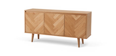 Sideboard i ek med fiskbensmönster, tre dörrar och avsmalnande ben.
