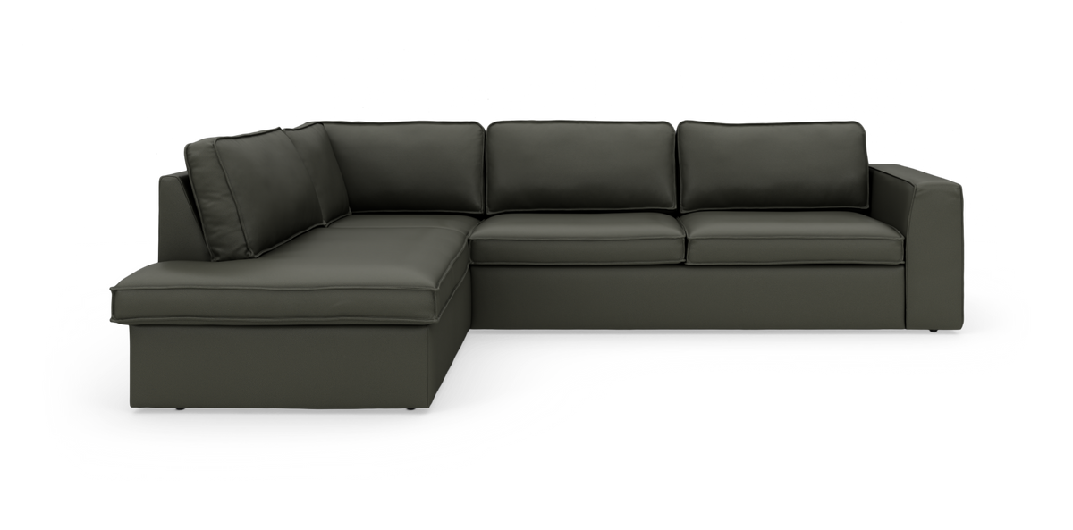 Mörkgrön L‑soffa med vänster divan i modern, rak design på vit bakgrund.