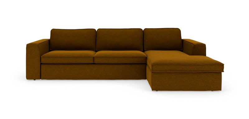 Modulsoffa med schäslong höger i senapsgult/brunt tyg, frilagd mot vit bakgrund._ps