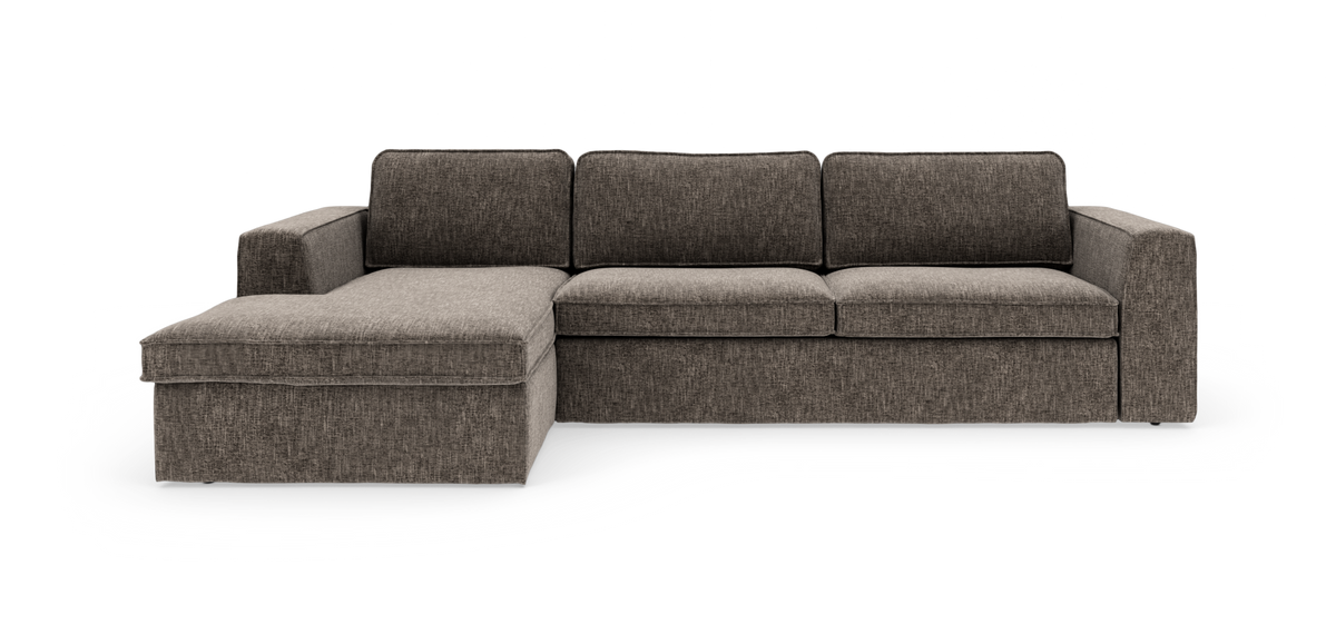 Modulär hörnsoffa med vänstervänd schäslong i mörkgrå/beige tyg, modern rak design.