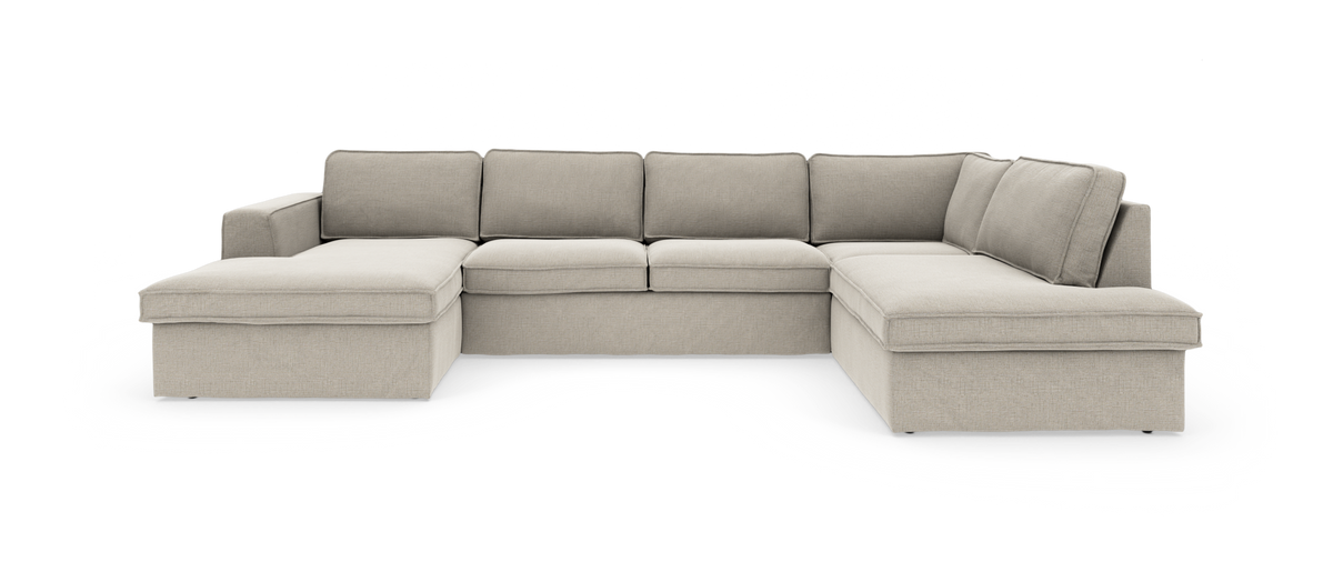 Beige U-formad modulsoffa med schäslonger på båda sidor, frilagd på vit bakgrund.