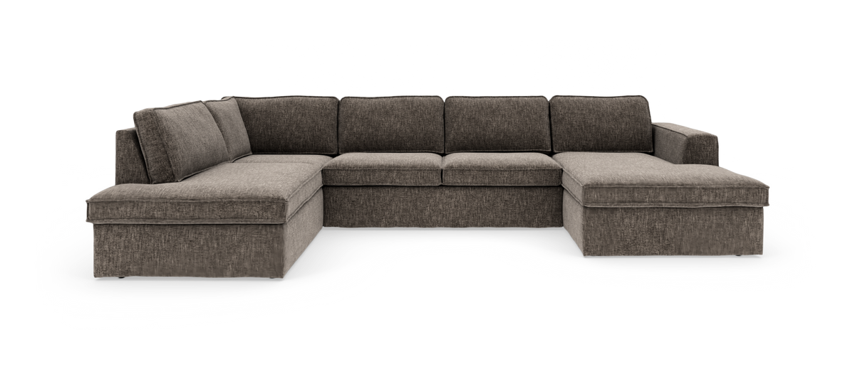 Modulär U‑soffa i brungrå textil med schäslonger på båda sidor.