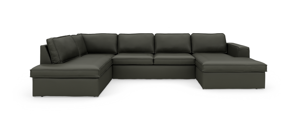 Modulär mörkgrå U-soffa/hörnsoffa med schäslonger på båda sidor, frilagd på vit bakgrund.