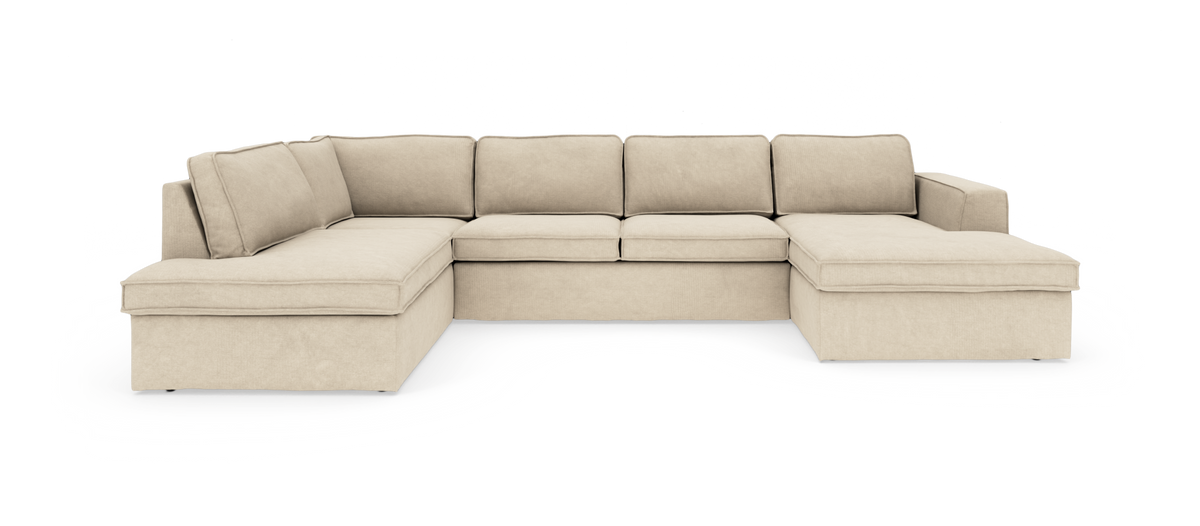 Beige U‑formad modulsoffa med schäslonger på båda sidor, fristående mot vit bakgrund.