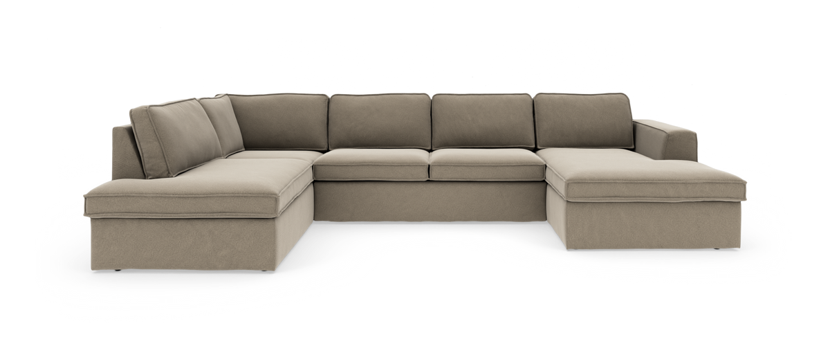 Beige U-formad modulsoffa med chaiselong på båda sidor, frilagd på vit bakgrund.