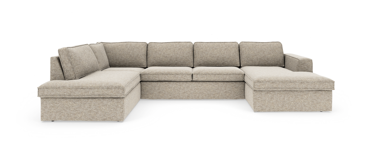 Beige modulsoffa i U‑form med schäslong i båda ändar, frilagd produktbild.