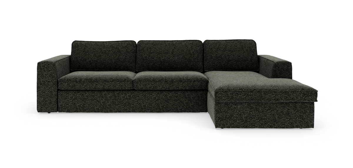 Mörkgrå modulsoffa med schäslong till höger i minimalistisk, rak design på vit bakgrund.