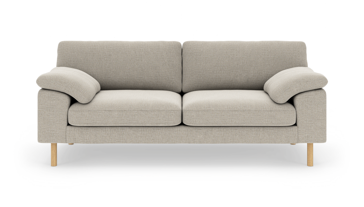 Ljusbeige tvåsits soffa med träben, frontvy mot vit bakgrund.