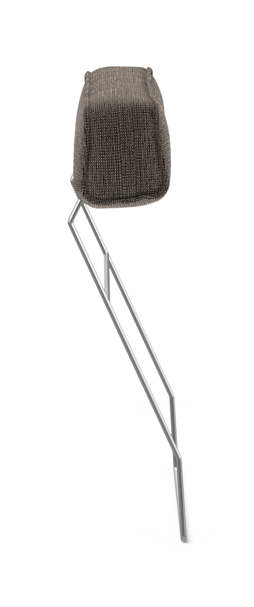 Brungrått textilklätt nackstöd med kromade metallstänger, frilagd på vit bakgrund.