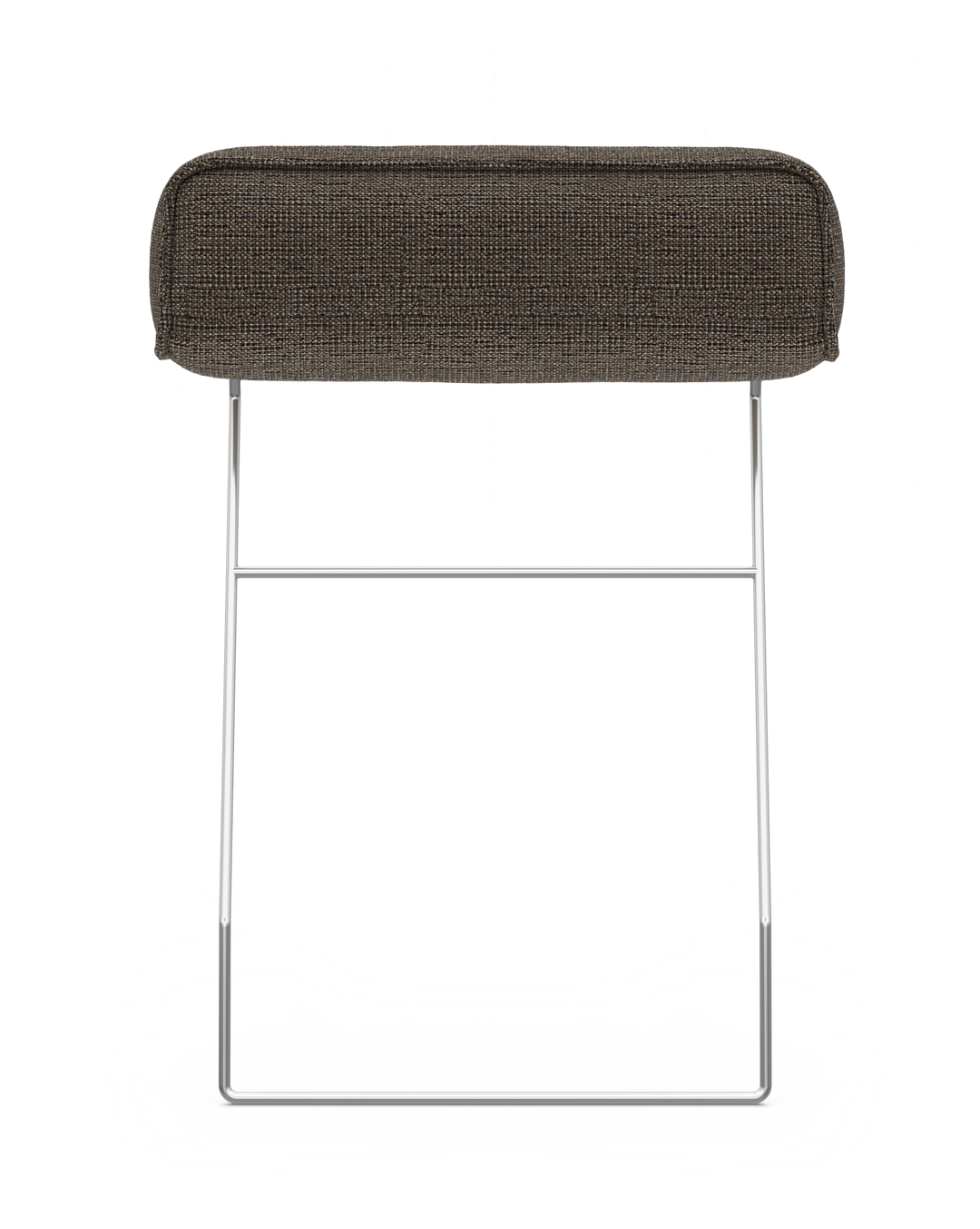 Modern bänk/pall med mörkbrun textil sits och kromat slädstativ, frilagd mot vit bakgrund.
