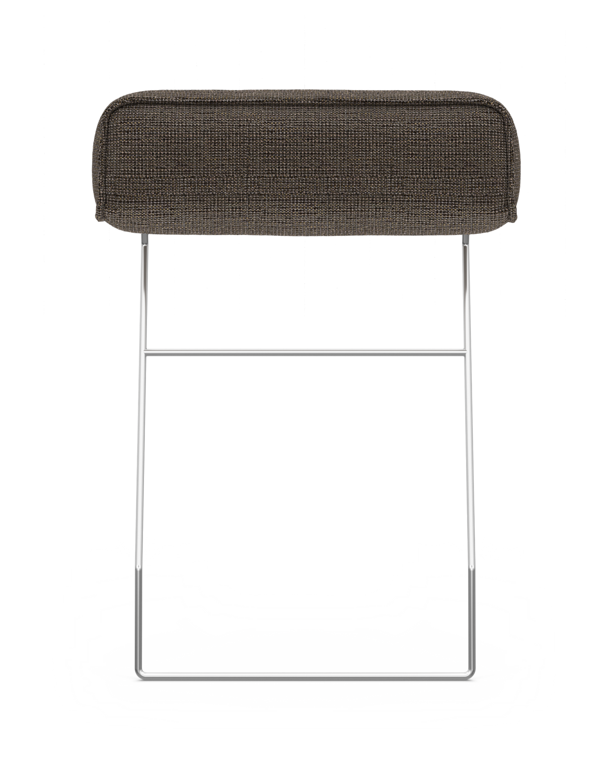 Modern bänk/pall med mörkbrun textil sits och kromat slädstativ, frilagd mot vit bakgrund.