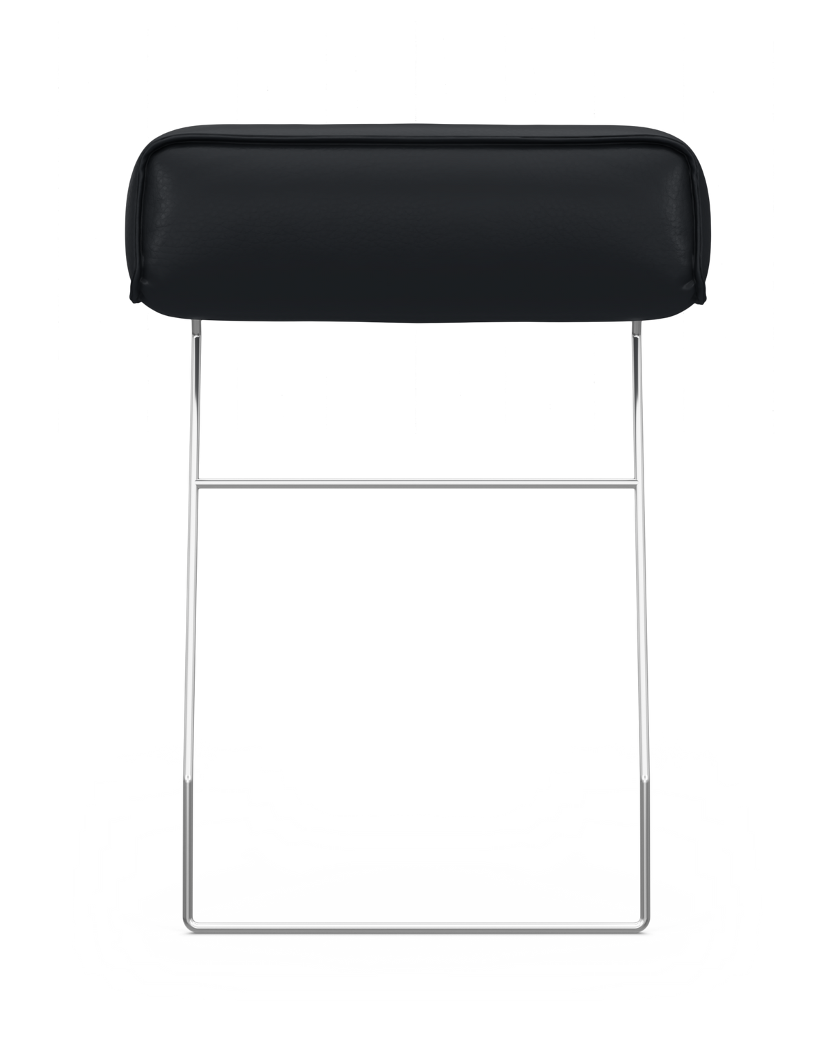 Minimalistisk pall med svart lädersits och kromat sled-underrede, frilagd mot vit bakgrund.