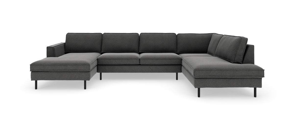 Mörkgrå U-formad modulsoffa med schäslong på båda sidor, frilagd produktbild.