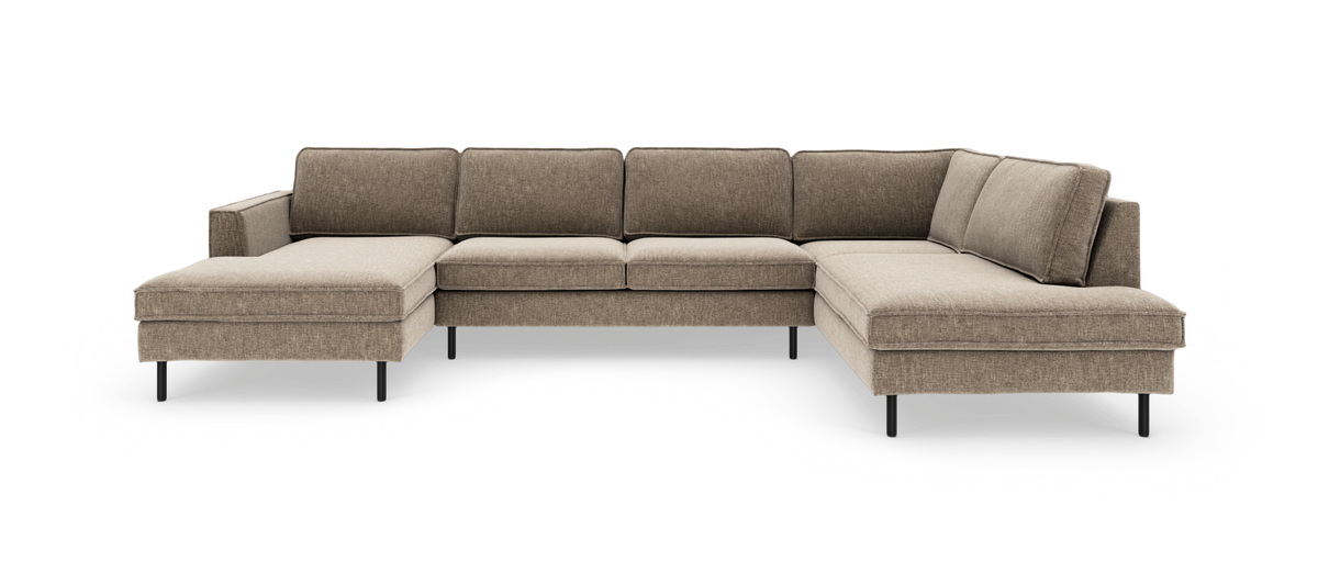 Beige U-formad modulsoffa med divan på båda sidor och svarta metallben.