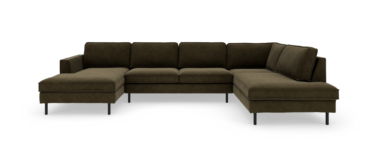 U‑formad mörk olivgrön modulsoffa med schäslonger på båda sidor, frilagd mot vit bakgrund.