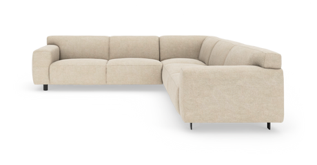 Beige L-formad modulsoffa med låga metallben på vit bakgrund.