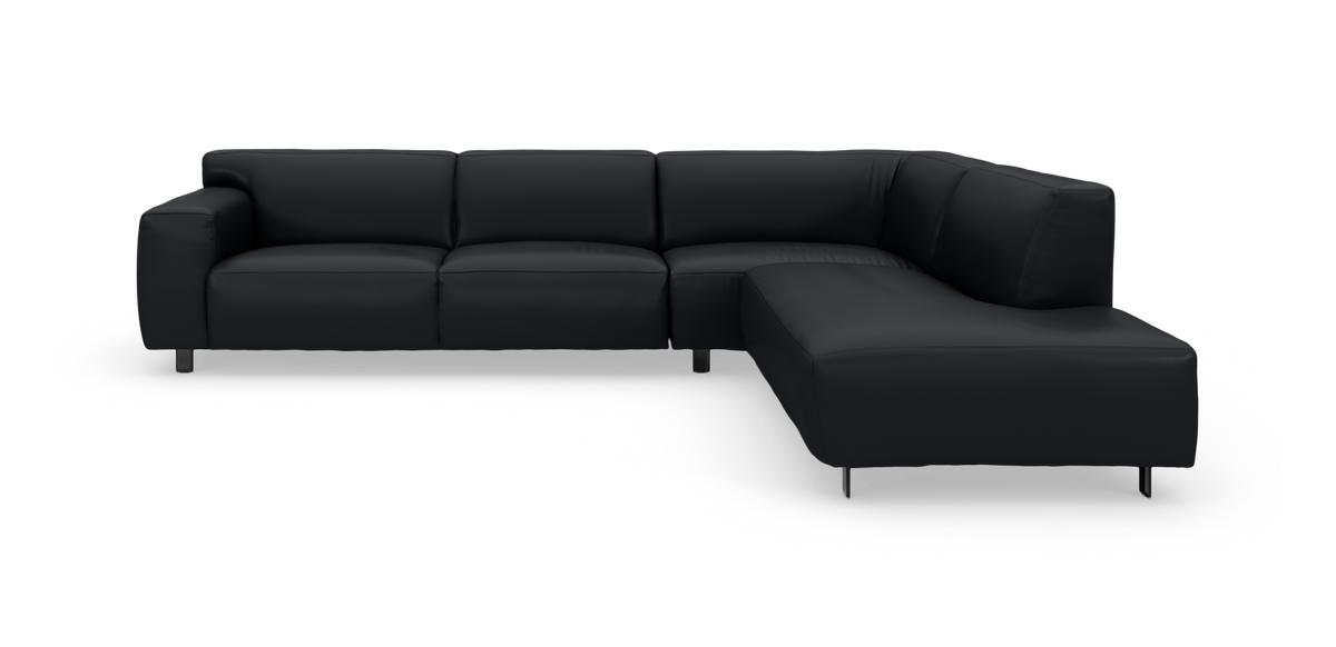 Svart L-formad hörnsoffa med schäslong till höger, modern design och metallben.