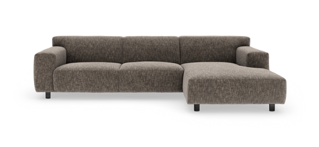 Modulsoffa i gråbrun textil med högerställd schäslong och låga, breda armstöd.