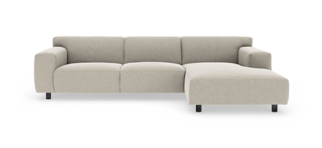 Beige modulsoffa med högerställd schäslong, sedd rakt framifrån.