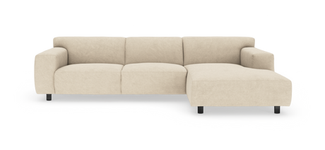 Beige modulsoffa med högerställd schäslong, frilagd mot vit bakgrund.