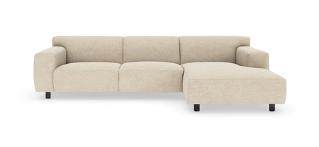 Beige modulsoffa med högerställd schäslong, fristående på vit bakgrund.