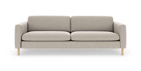 Ljusbeige 3-sits soffa i tyg med ljusa träben, frontvy i studio.