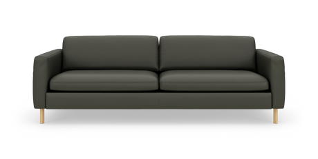 Mörkgrön tresitssoffa i modern, minimalistisk design med smala armstöd och ljusa träben, frontvy i studio.