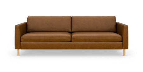 Brun lädersoffa med två sittdynor och två ryggdynor, frilagd mot vit bakgrund.