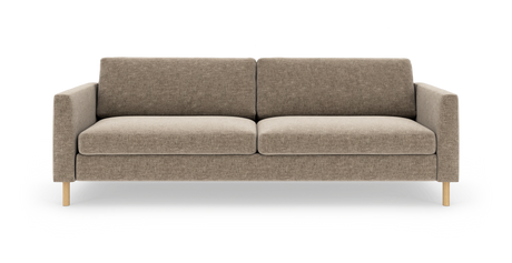 Beige soffa med två sittdynor, raka armstöd och ljusa träben, frilagd mot vit bakgrund.