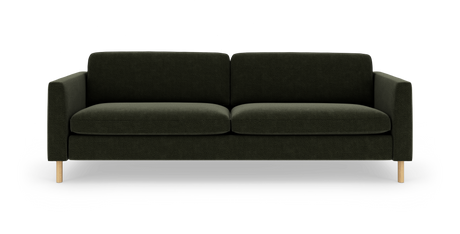 Mörkgrön 3-sits soffa i tyg med ljusa träben, frontvy mot vit bakgrund.