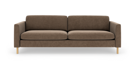 Brun 3-sits soffa med raka armstöd och träben, frilagd på vit bakgrund.