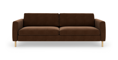 Brun 3-sits soffa med raka armstöd och ljusa träben, frilagd på vit bakgrund.