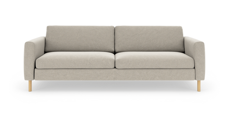Beige soffa med två sittdynor, raka armstöd och ljusa träben, frontvy på vit bakgrund.