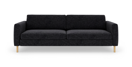 Mörkgrå 3‑sits soffa med rundade armstöd och ljusa träben, frilagd mot vit bakgrund.
