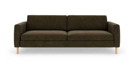 Mörk olivgrön 3-sits soffa med träben på vit bakgrund.