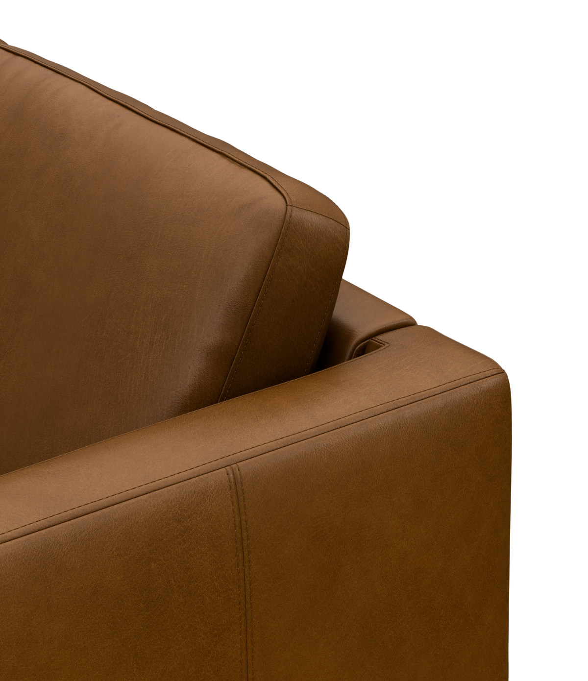 Närbild på hörn och ryggkudde av en brun lädersoffa med stram, modern design.