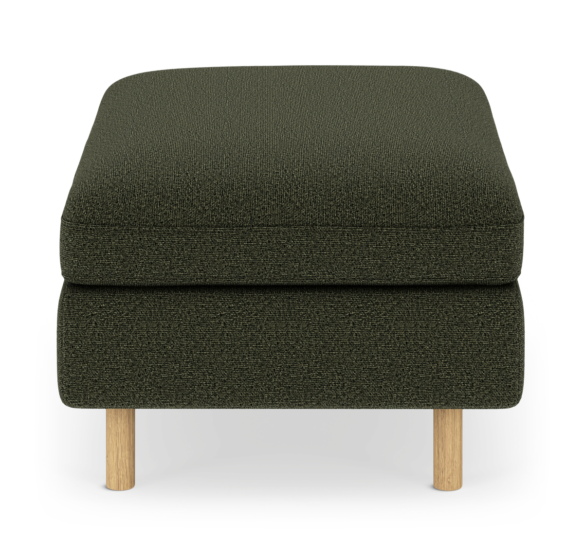 Mörkgrön fotpall/puff i textil med ljusa träben, frilagd sedd rakt framifrån.